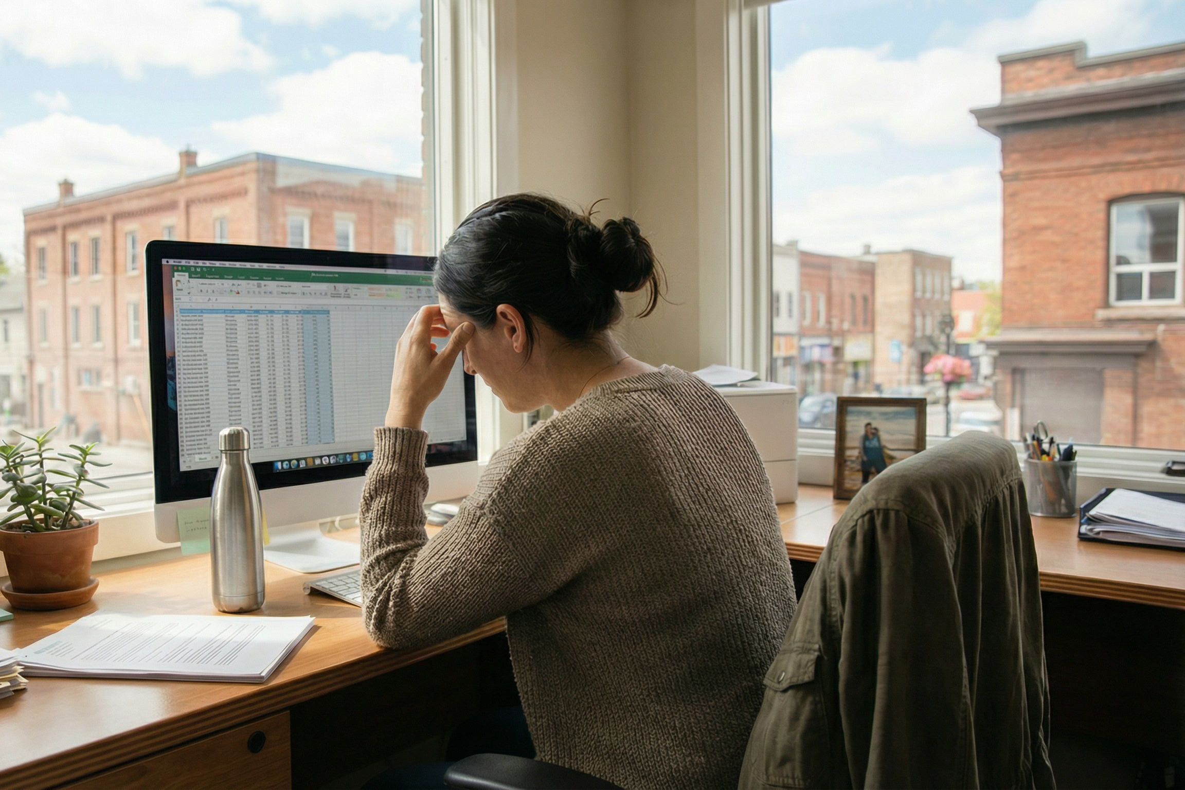 CBS Canada professional working at her desk overlooking a Canadian main street